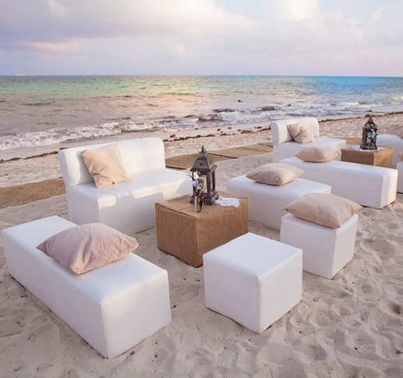 Cancun stylish beach weddings set up Cancun luxury Beach modern lounge reception