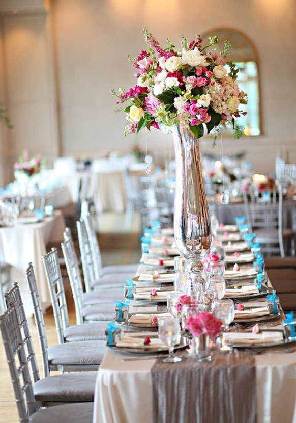 Silver Wedding Theme long table Wedding reception table decorations