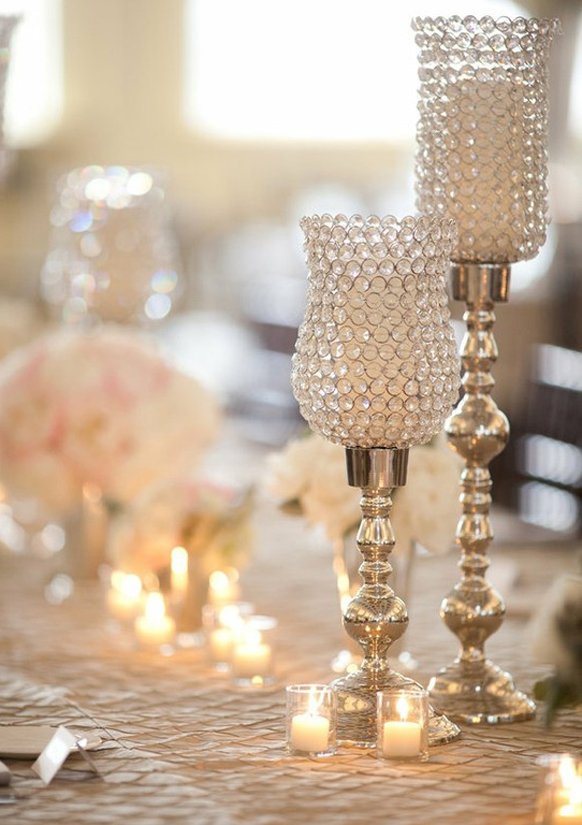 Silver Wedding theme reception crystal globe centerpiece