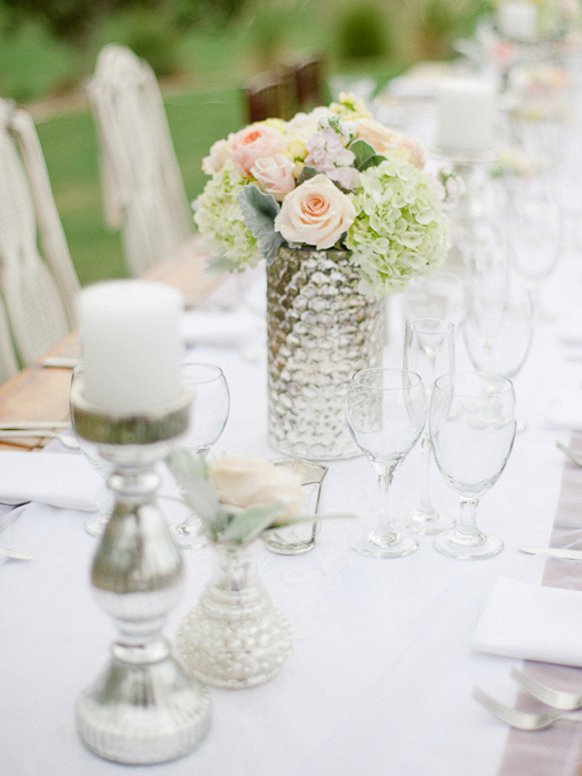 Silver Wedding theme reception table decorations