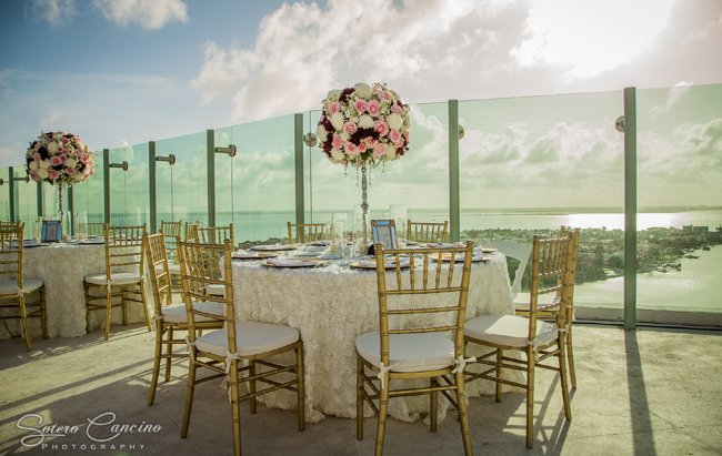Stylish Beach Palace Sky Terrace Reception set up decorations by Weddings Romantique