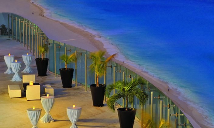 Cancun Beach Palace Ocean Front Weddings _Cocktail Hour Sky Terrace set up