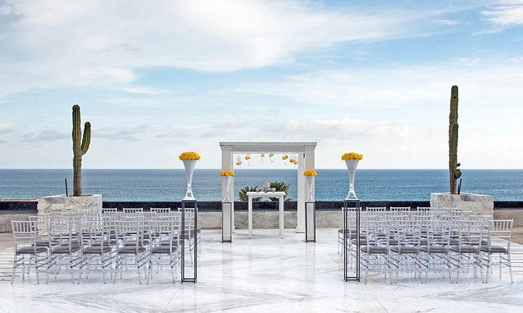 Los Cabos Le Blanc Weddings_ Ocean Front Terrace Modern Ceremony Venue Set up
